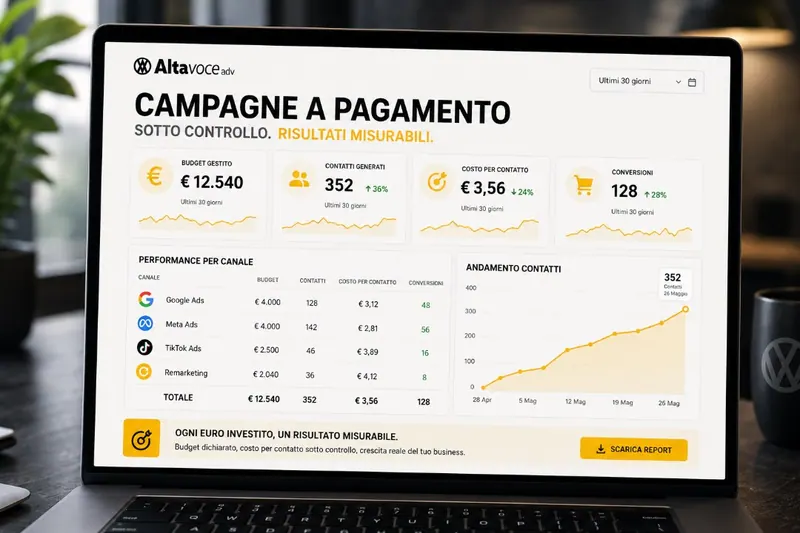 Pannello di controllo delle campagne a pagamento con budget gestito, contatti generati, costo per contatto e risultati per canale