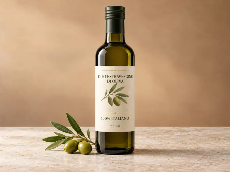 Bottiglia di olio extravergine fotografata sul set, con luce morbida da studio e sfondo color sabbia