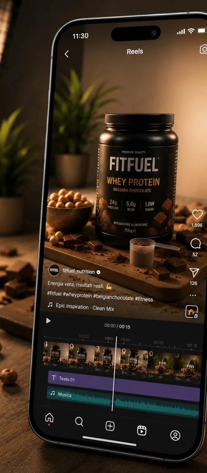 Reel di un prodotto in montaggio su smartphone, con timeline, testo e traccia musicale