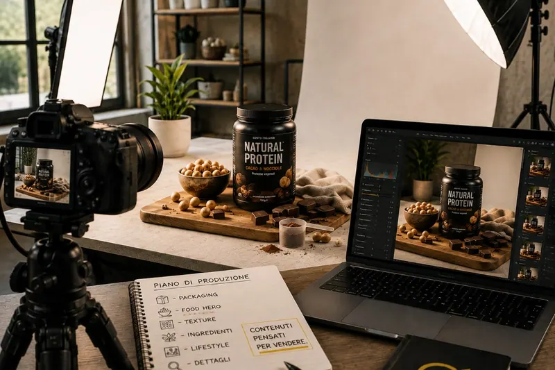 Set fotografico per un prodotto alimentare con luci, fotocamera su treppiede, piano di produzione e ritocco su computer