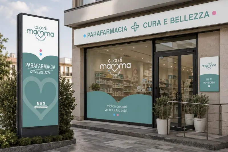 Insegna, totem e vetrofanie coordinate di una parafarmacia: marchio, colori e messaggi ripetuti su ogni supporto