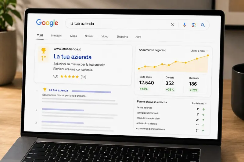 Risultati di ricerca Google con un'attività al primo posto, andamento del traffico organico e parole chiave in crescita