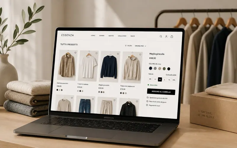 Catalogo di un e-commerce di abbigliamento con selettore di taglie e colori e reso entro 30 giorni