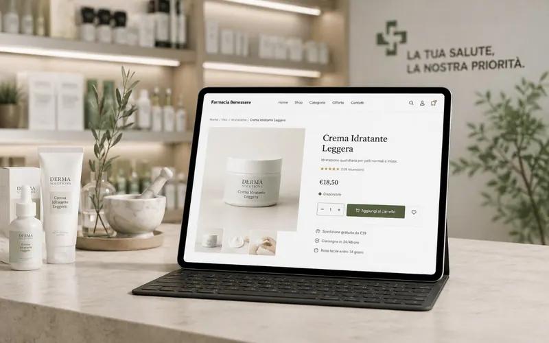 Scheda prodotto di un e-commerce di parafarmacia su tablet, con prezzo, disponibilità e tempi di consegna