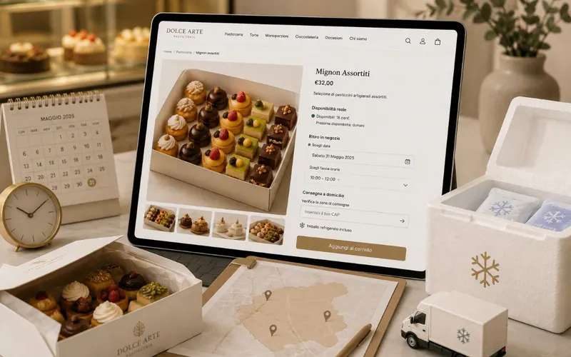 Scheda prodotto di un e-commerce di pasticceria con disponibilità reale, ritiro in negozio su data e fascia oraria e zone di consegna