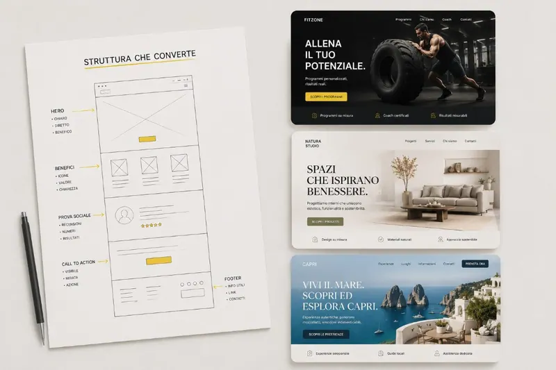 Struttura di un sito che converte: schema con hero, benefici, prova sociale e call to action, accanto a tre esempi di home page