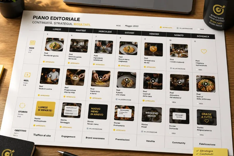 Piano editoriale mensile stampato con post, reel e stories programmati giorno per giorno e obiettivo di ogni giornata