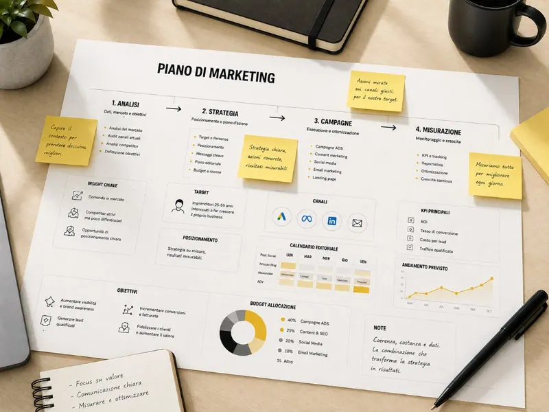 Piano di marketing Altavoce stampato: analisi, strategia, campagne e misurazione, con obiettivi, canali, calendario editoriale e ripartizione del budget